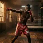 Boxeur en gants rouges s'entraînant dans une salle de boxe