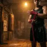 Homme en tenue de boxe enveloppant ses mains de bandages rouges