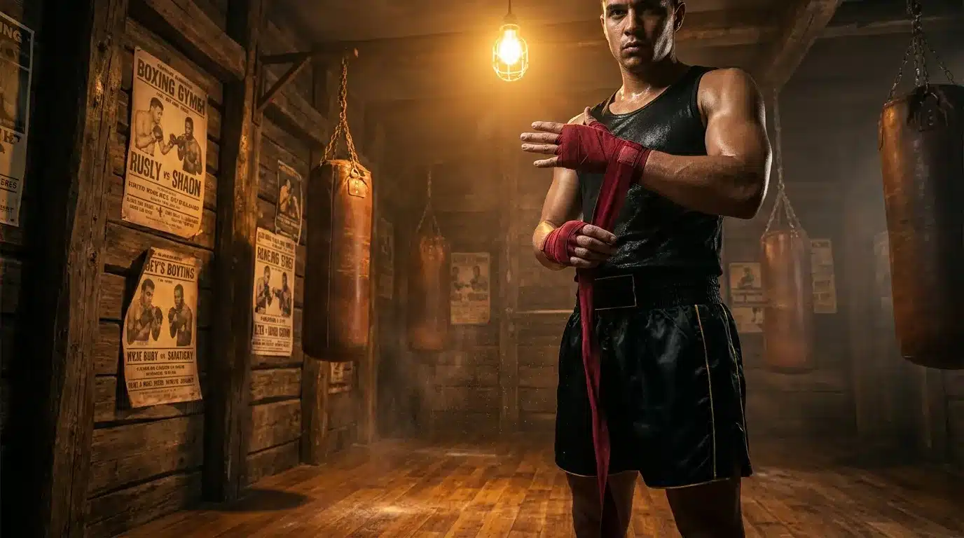 Homme en tenue de boxe enveloppant ses mains de bandages rouges