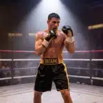 Boxeur avec gants noirs et or dans ring illuminé