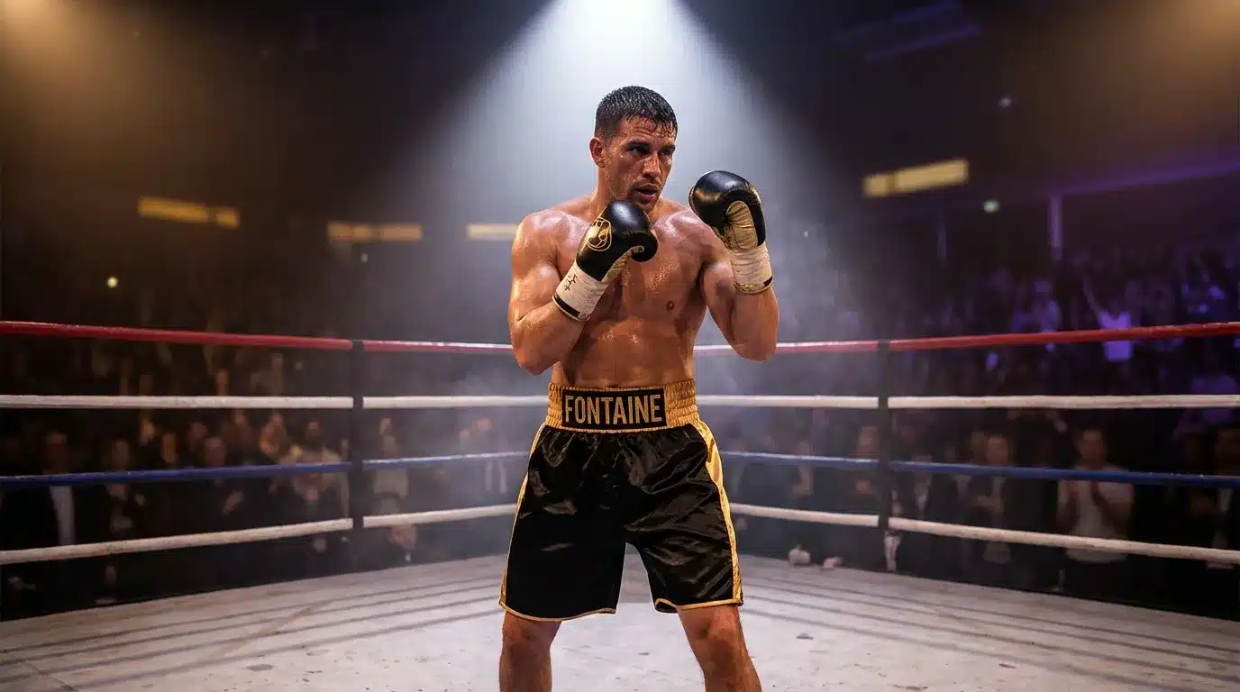 Boxeur avec gants noirs et or dans ring illuminรฉ