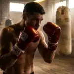 Boxeur musclé en gants rouges dans un gym abandonné