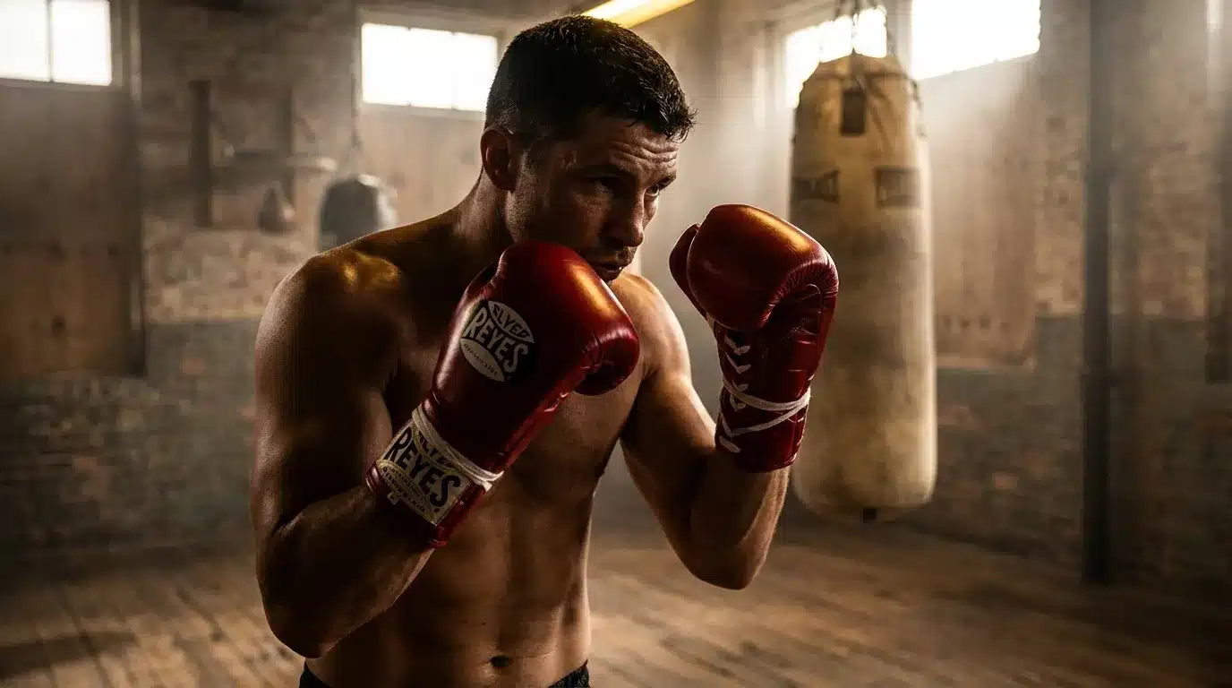 Boxeur musclé en gants rouges dans un gym abandonné