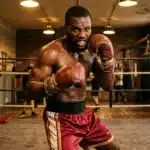 Athlète musclé en gants de boxe rouges, ring en arrière-plan
