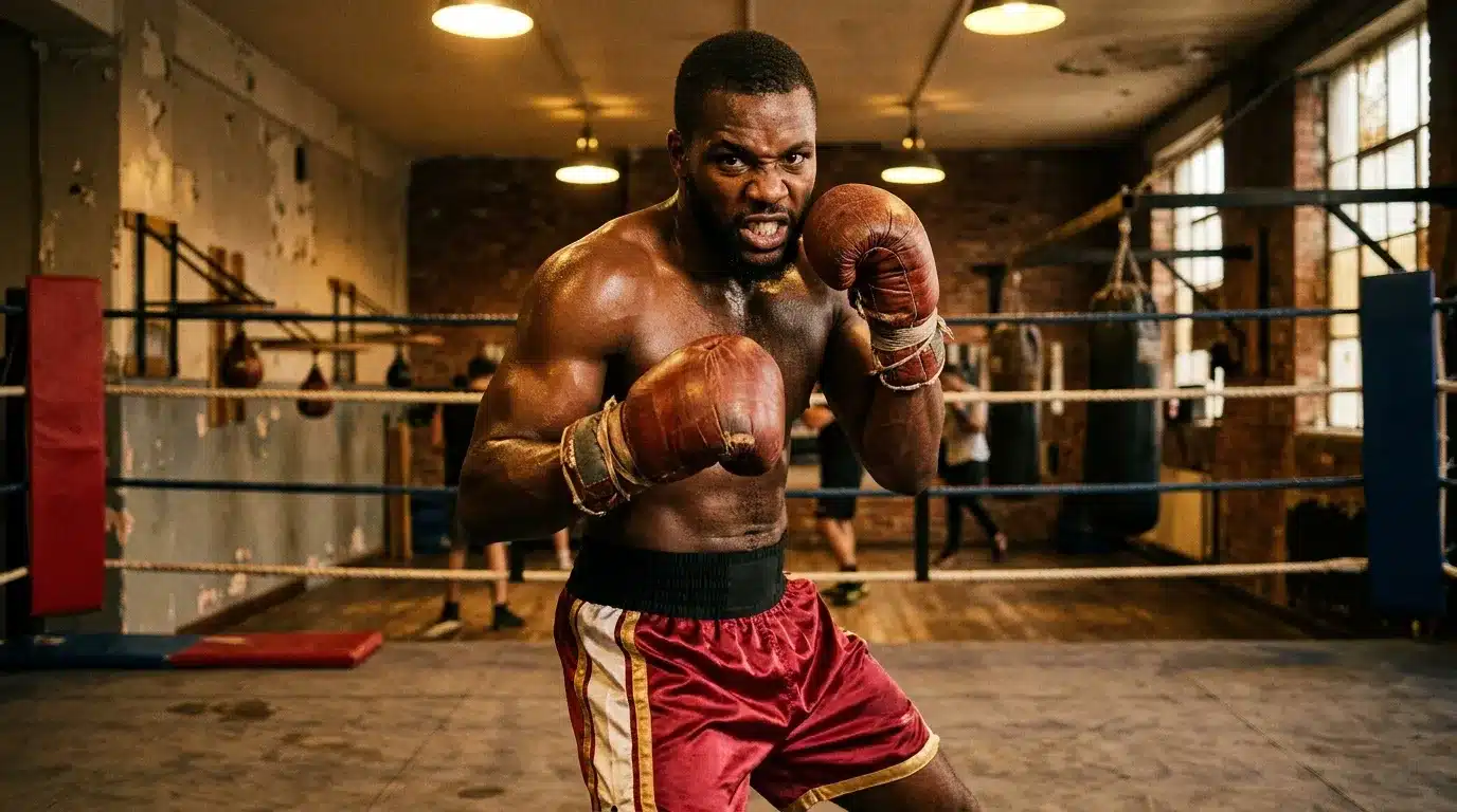 Athlète musclé en gants de boxe rouges, ring en arrière-plan
