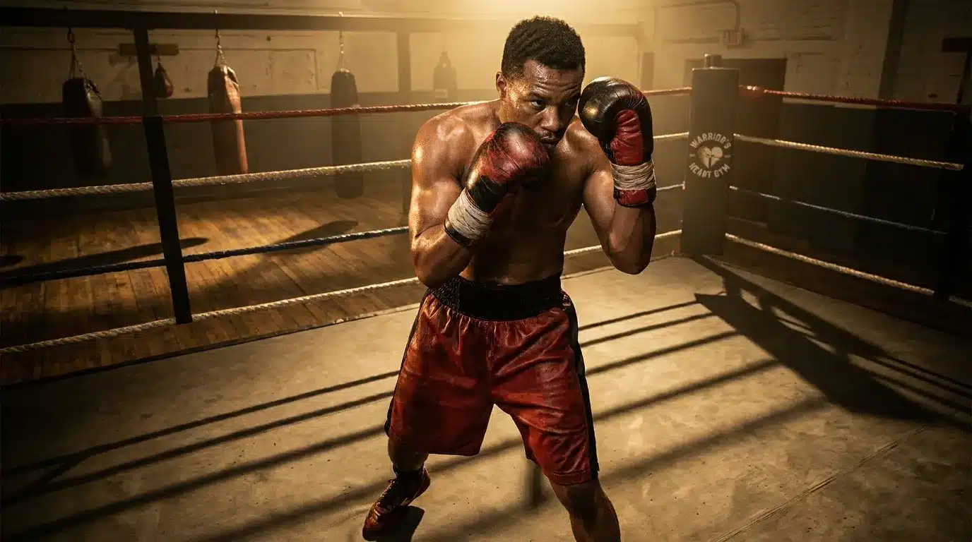 Boxeur musclé en gants rouges, posture défensive dans ring