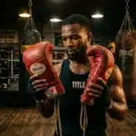 Boxeur en gants rouges dans une salle d'entraînement