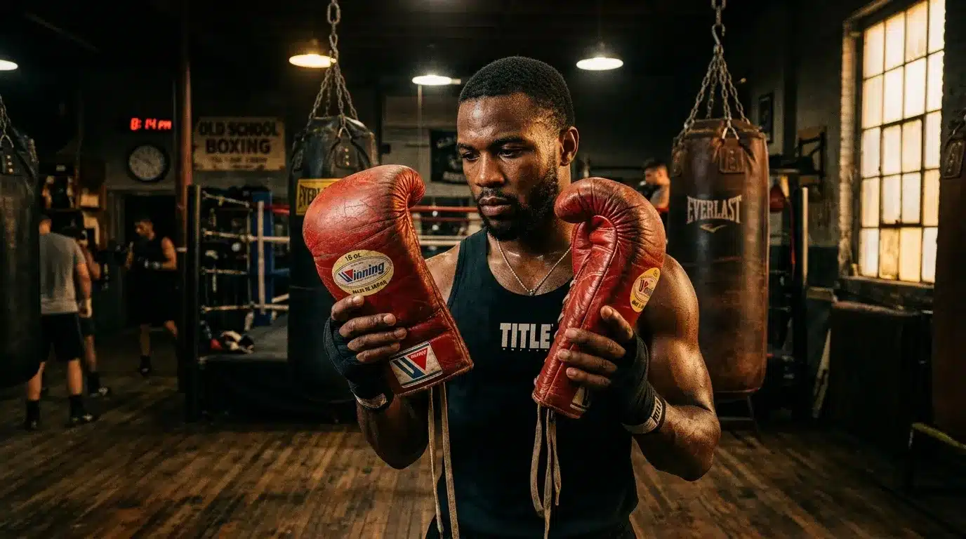 Boxeur en gants rouges dans une salle d'entraînement