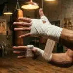 Homme enroulant bandages blancs autour de ses mains