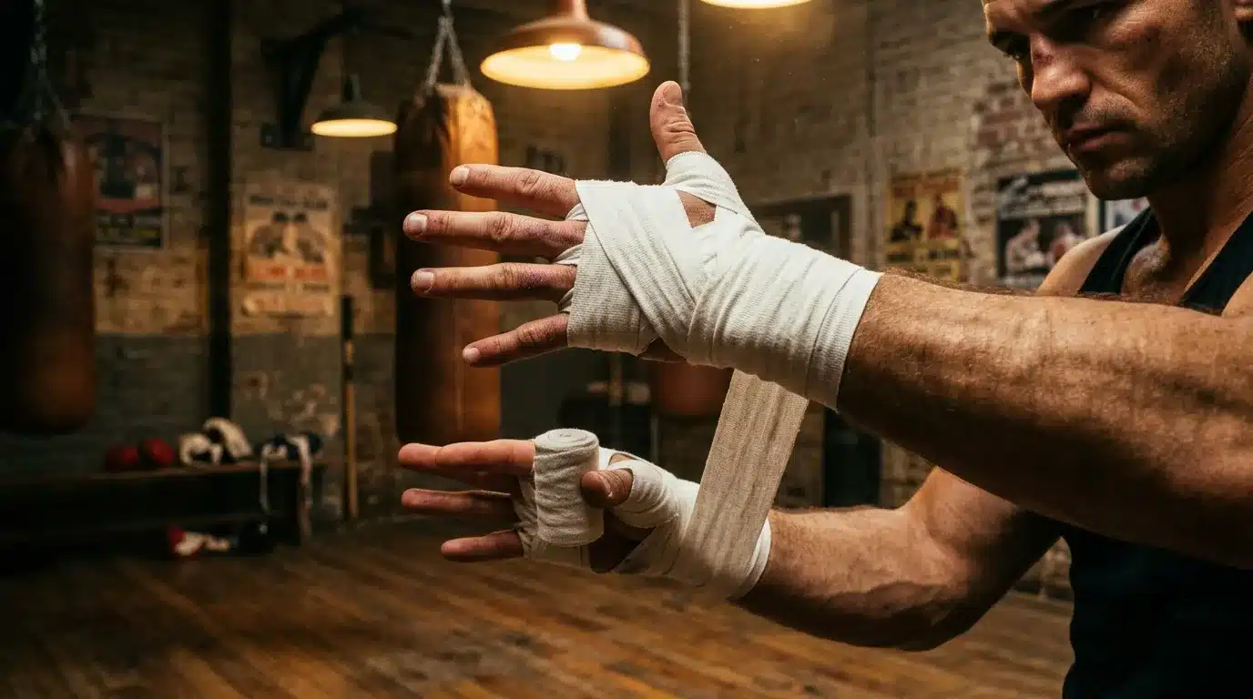 Homme enroulant bandages blancs autour de ses mains
