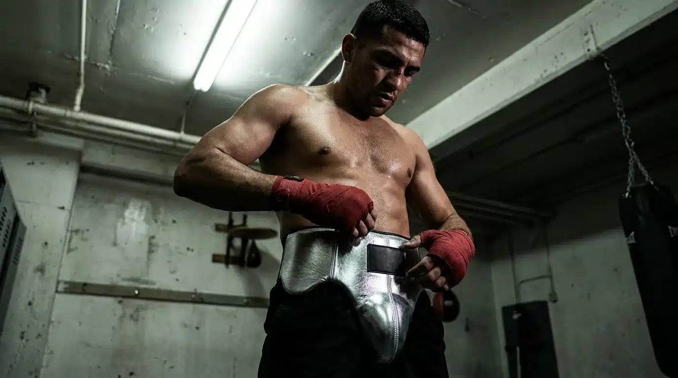 Athlète musclé enfile ses gants de boxe rouges