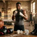 Boxeur en posture de combat dans un gym avec équipements
