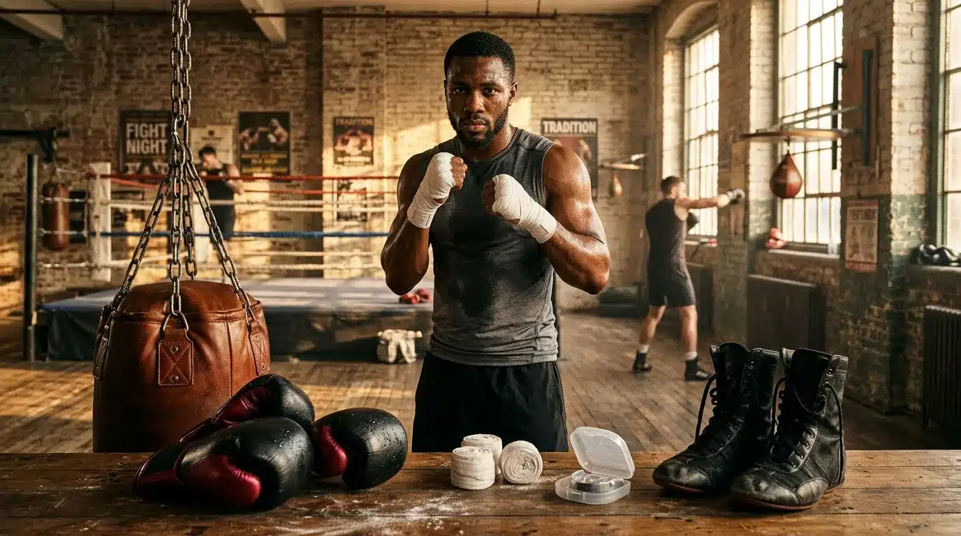 Boxeur en posture de combat dans un gym avec équipements