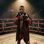 Boxeur en ring avec gants noirs et robe rouge
