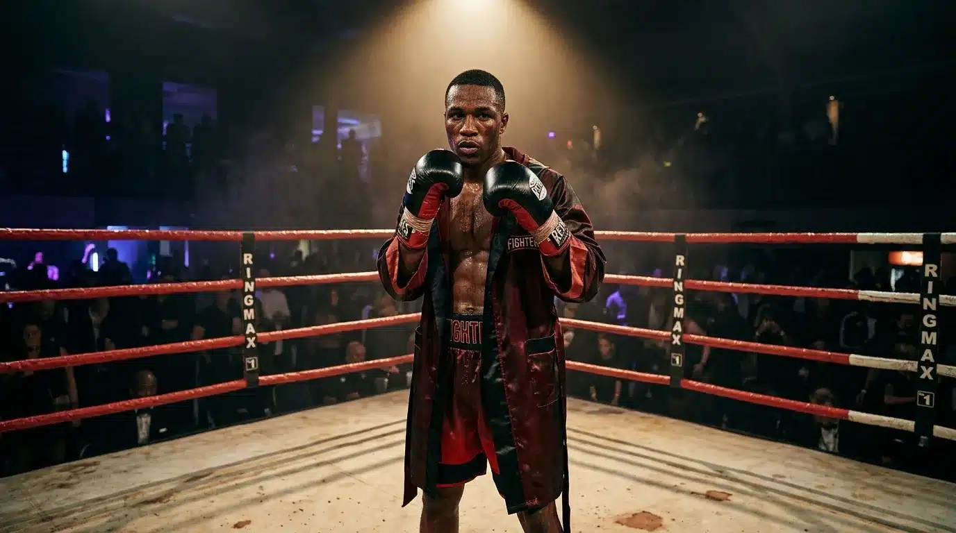 Boxeur en ring avec gants noirs et robe rouge
