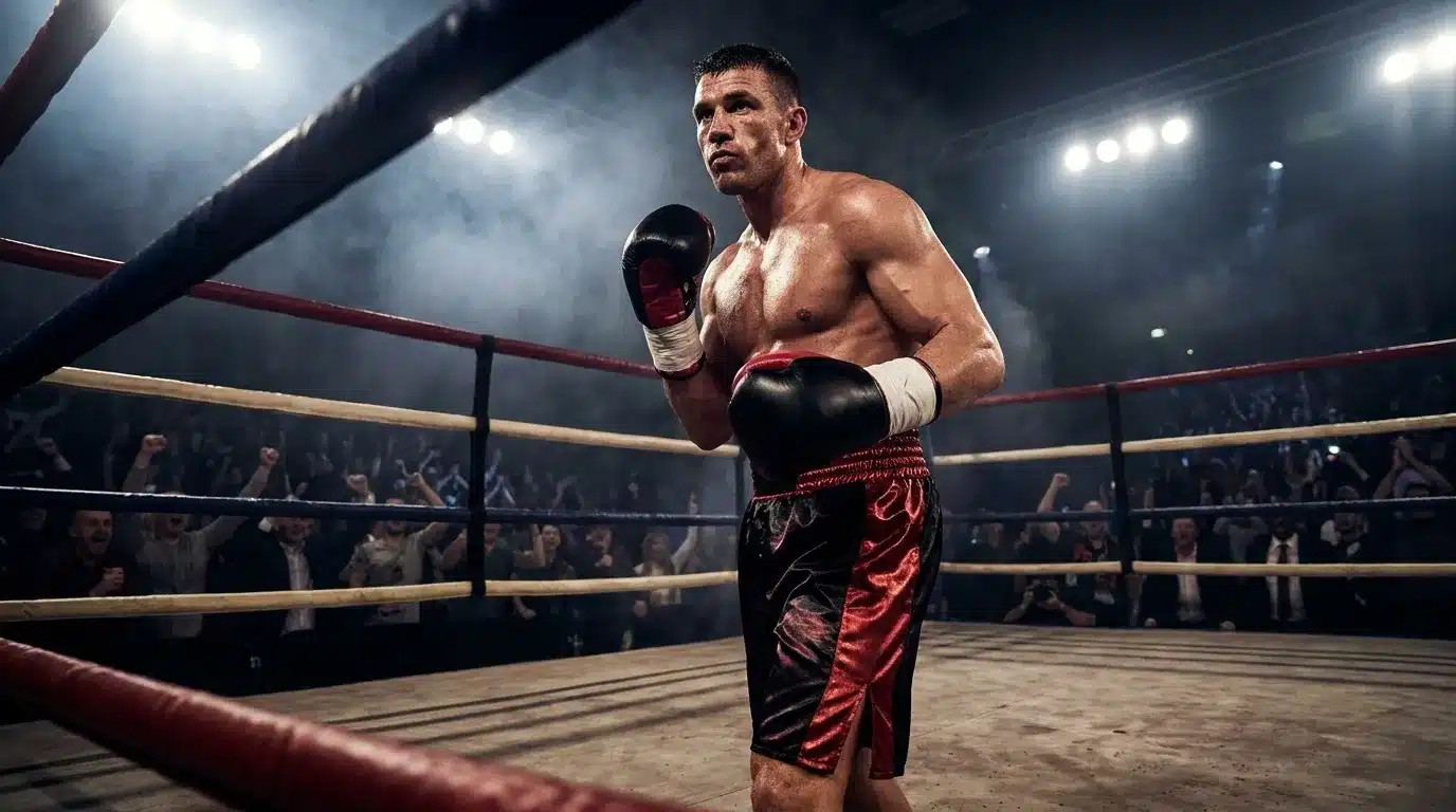 Boxeur musclé en tenue rouge dans un ring professionnel