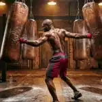 Athlète musclé frappe deux sacs de boxe en gym