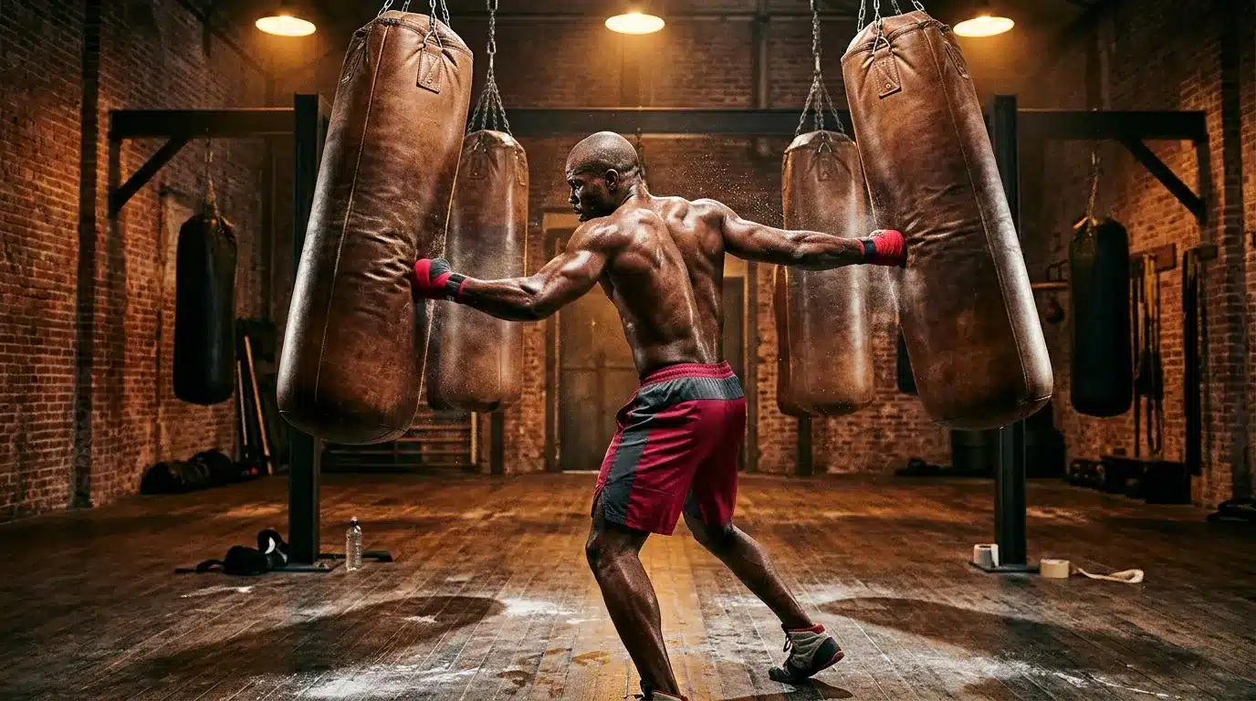 Athlète musclé frappe deux sacs de boxe en gym