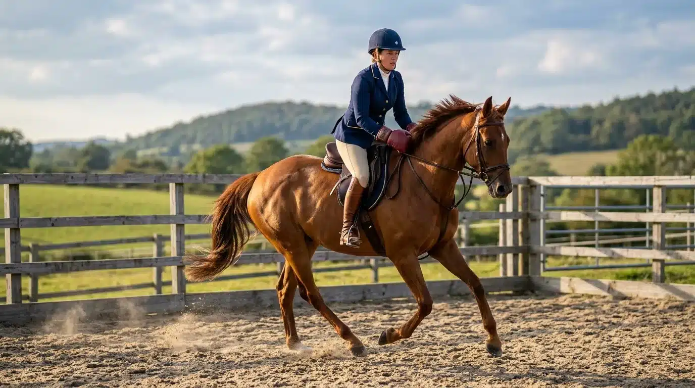 Jeune cavaliรจre montant un cheval bai dans un manรจge