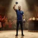 Boxeur en bleu levant le poing, ceinture championnat visible