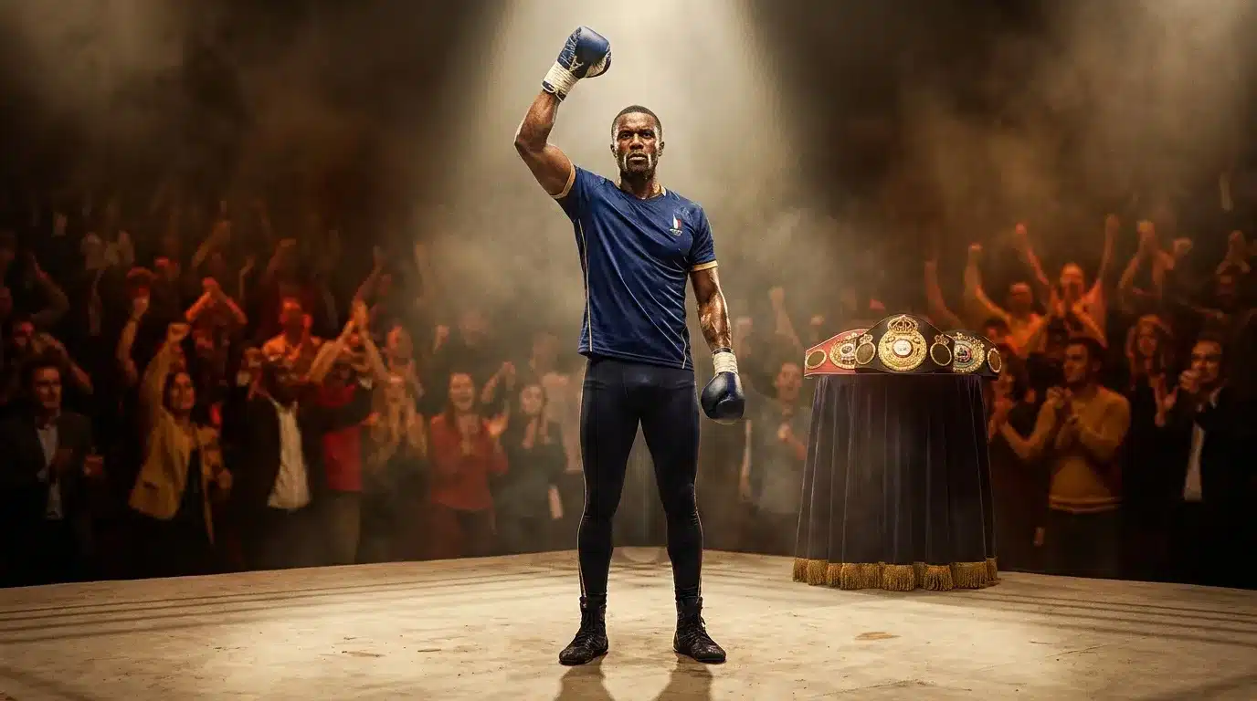 Boxeur en bleu levant le poing, ceinture championnat visible