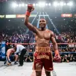Boxeur victorieux lève le poing au ring sous les projecteurs