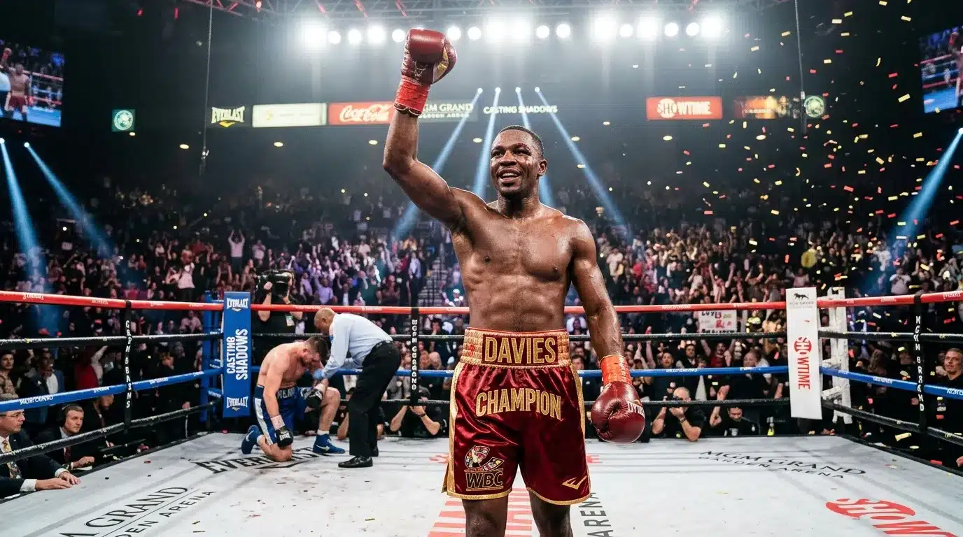 Boxeur victorieux lève le poing au ring sous les projecteurs