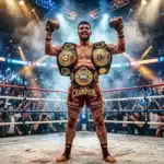 Boxeur champion brandissant ses ceintures de victoire