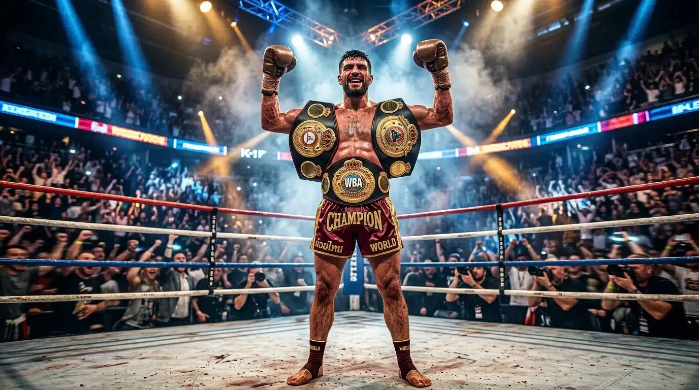 Boxeur champion brandissant ses ceintures de victoire