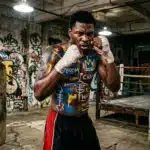 Boxeur en garde dans gym souterrain avec graffitis