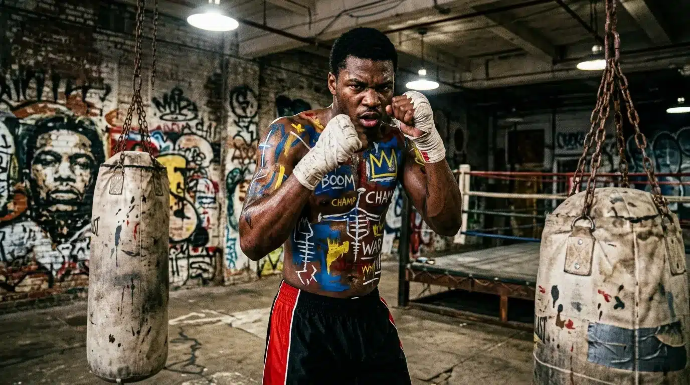 Boxeur en garde dans gym souterrain avec graffitis