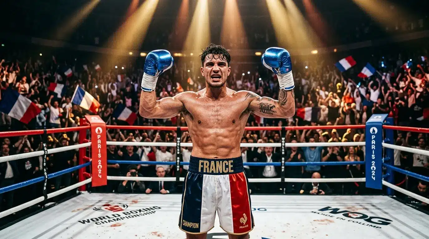 Boxeur franรงais cรฉlรจbre sa victoire sur le ring