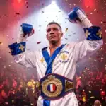 Boxeur français victorious avec ceinture de champion et confettis