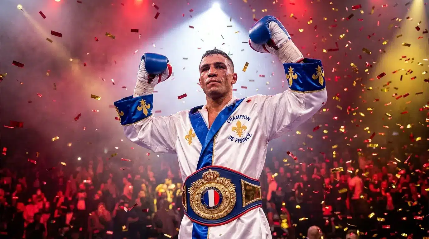 Boxeur français victorious avec ceinture de champion et confettis