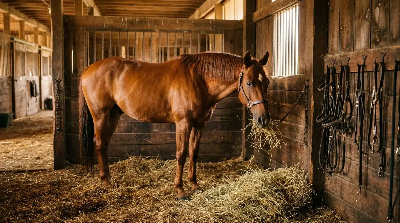 Cheval bai mangeant du foin dans une รฉcurie