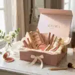Coffret de maquillage Aurora ouvert avec produits cosmétiques dorés