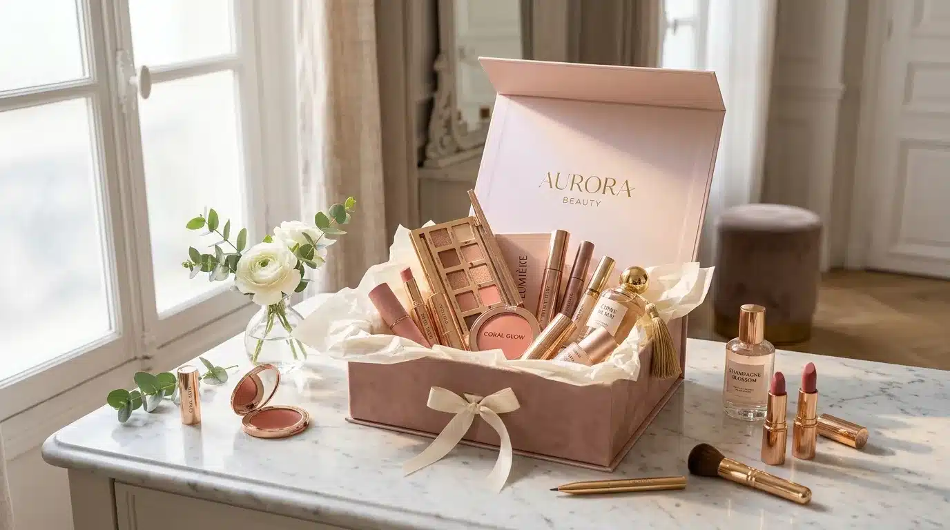 Coffret de maquillage Aurora ouvert avec produits cosmétiques dorés