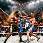 Deux boxeurs s'affrontent dans un ring professionnel illuminé
