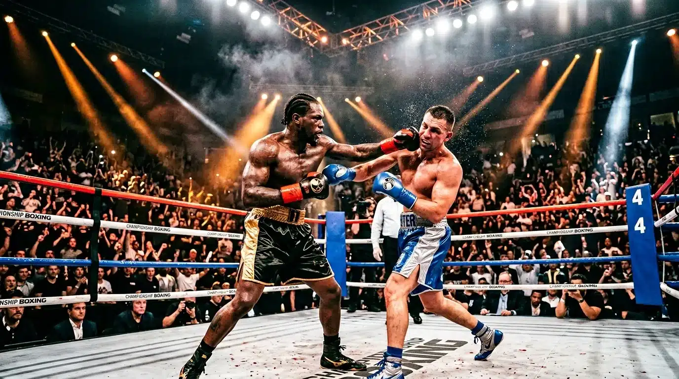 Deux boxeurs s'affrontent dans un ring professionnel illuminé