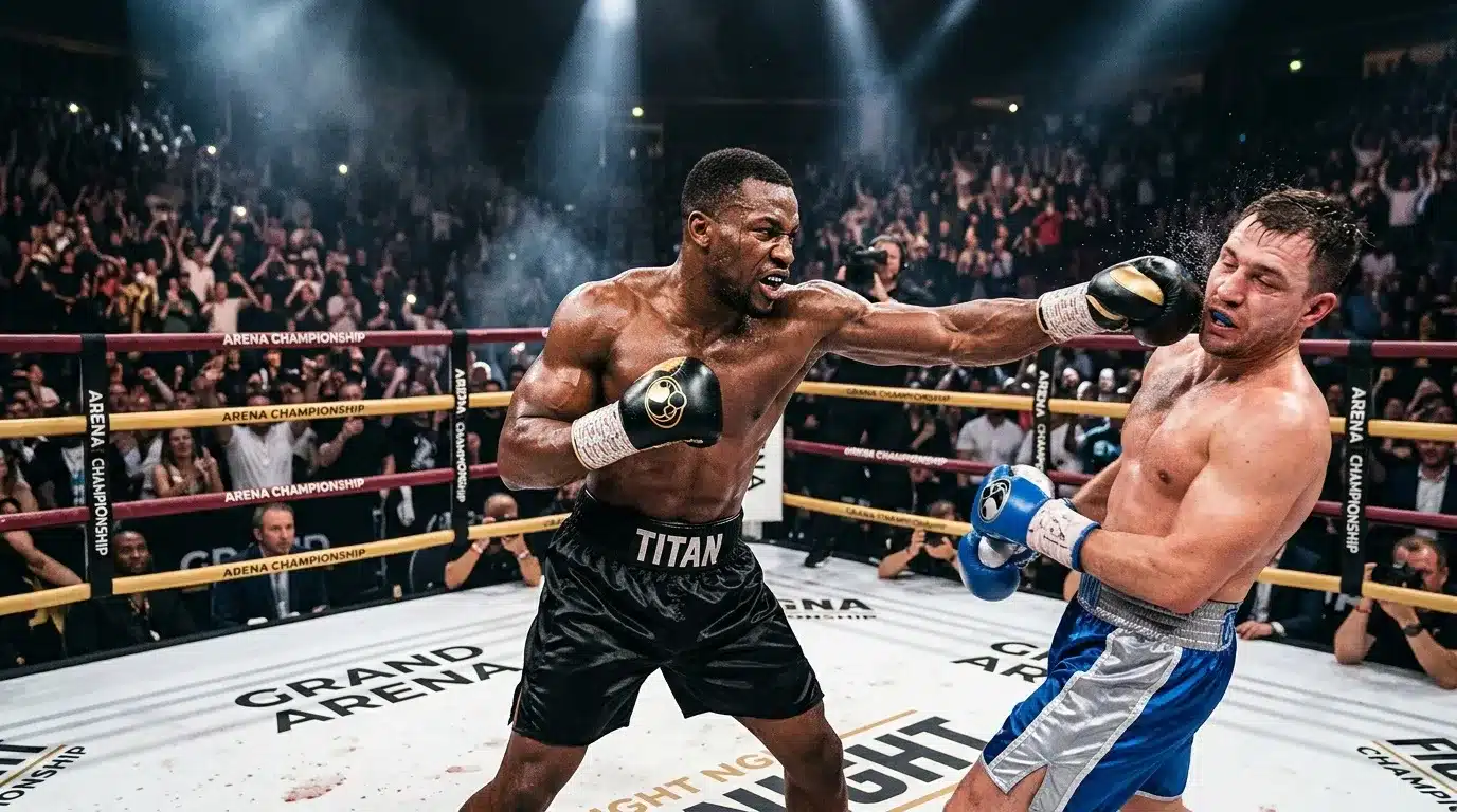 Deux boxeurs s'affrontent sur le ring lors d'une compรฉtition professionnelle.
