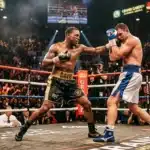 Deux boxeurs s'affrontent sur le ring devant une foule nombreuse