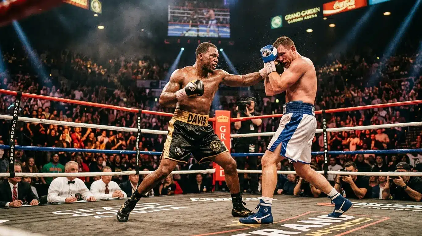 Deux boxeurs s'affrontent sur le ring devant une foule nombreuse