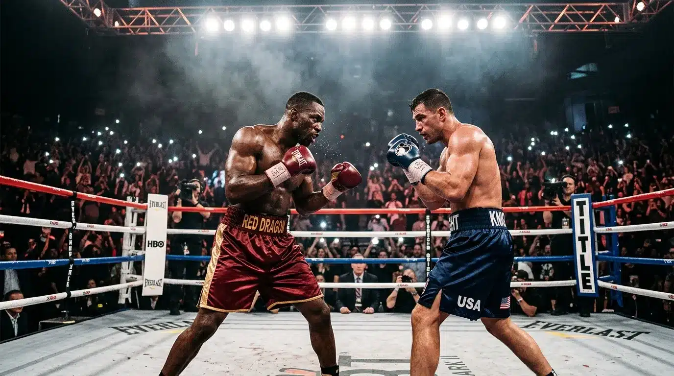 Deux boxeurs s'affrontent sur le ring sous les projecteurs