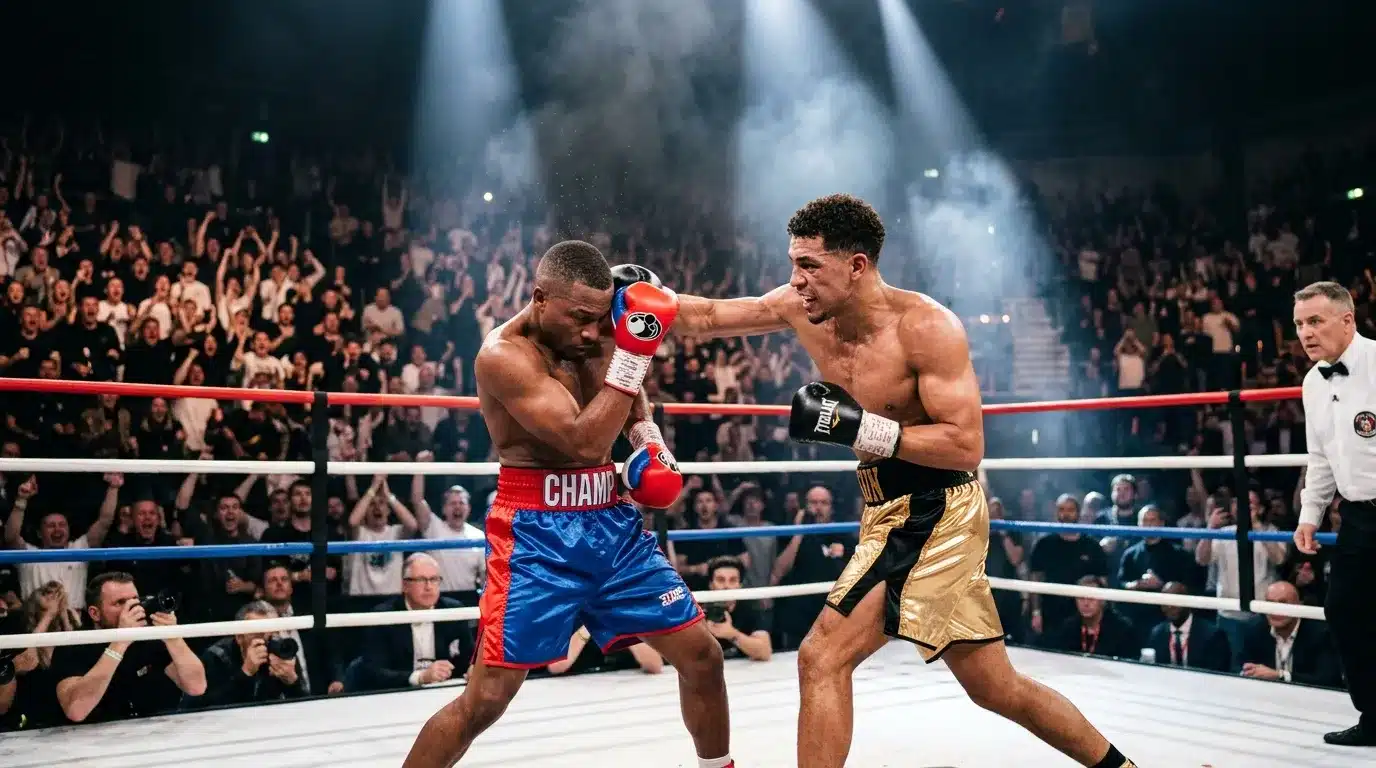 Deux boxeurs s'affrontent sur le ring devant la foule