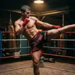 Boxeur en short rouge exécute un coup de pied en ring