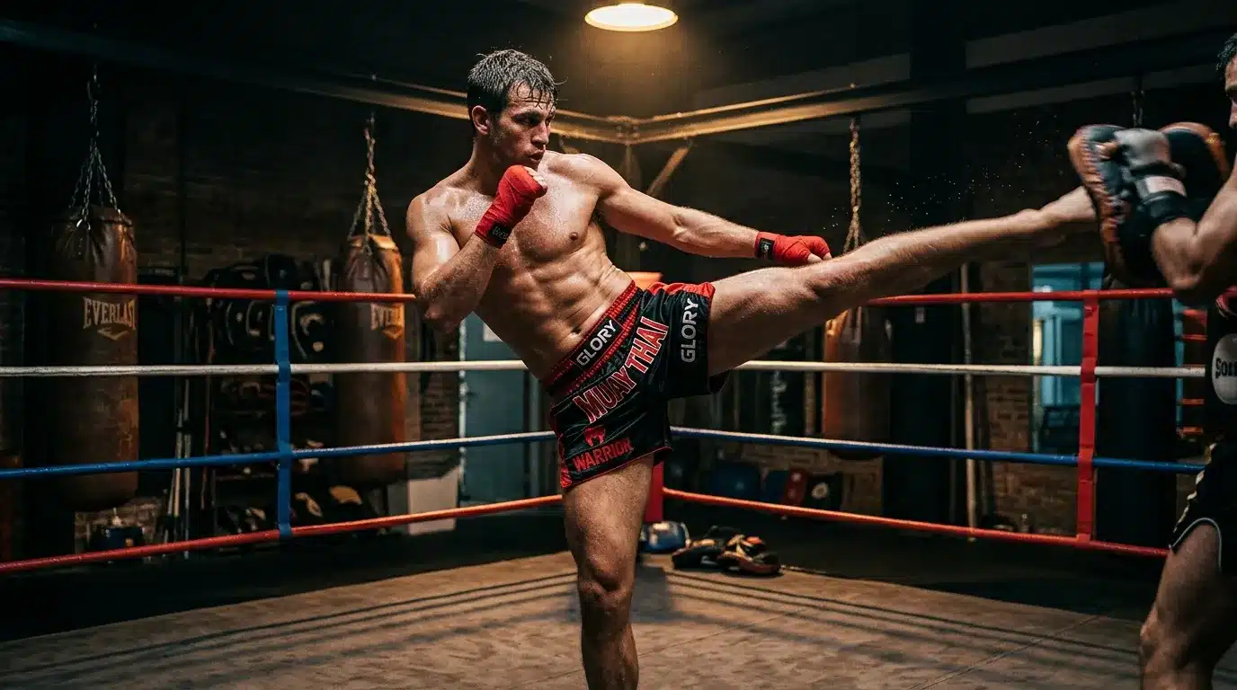 Boxeur en short rouge exécute un coup de pied en ring