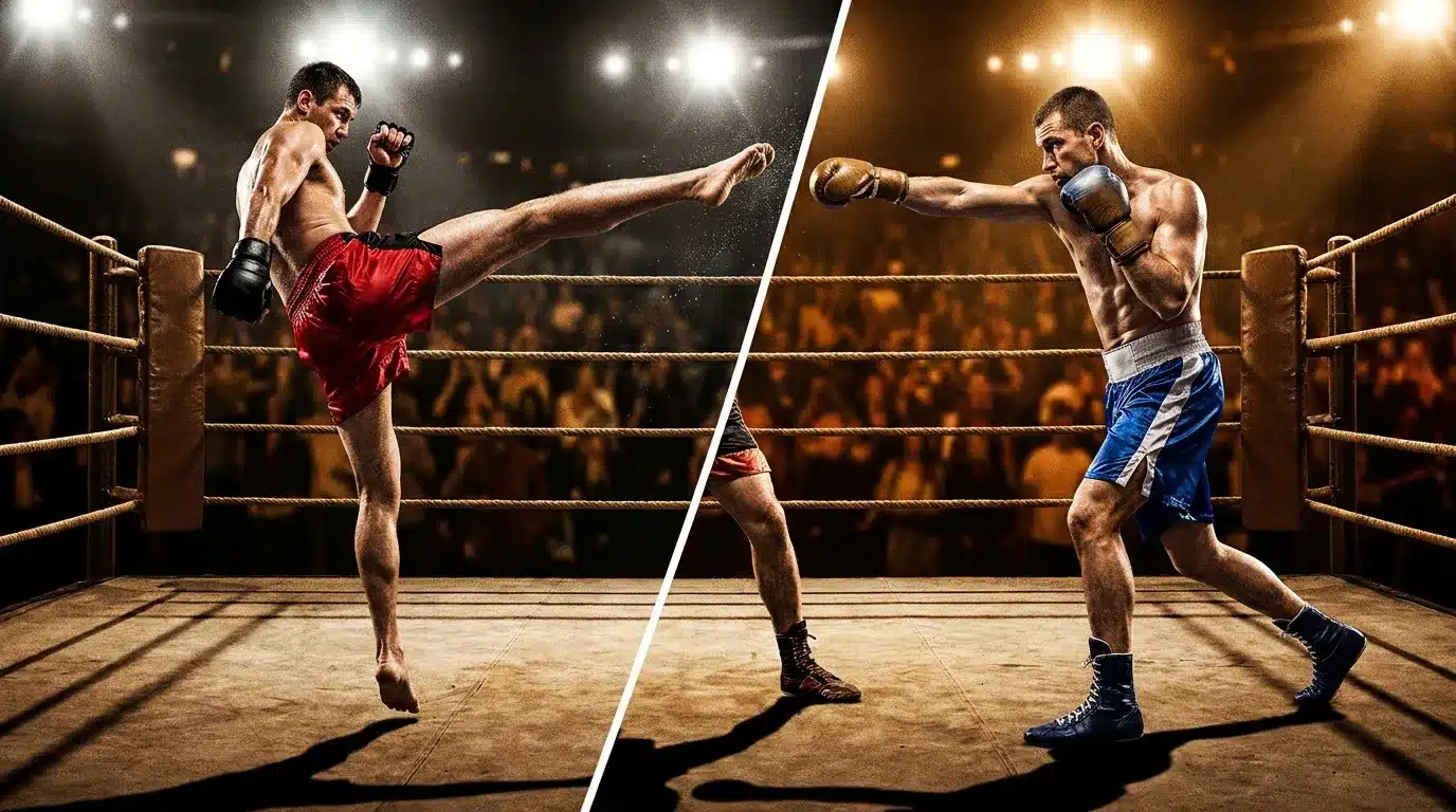 Deux boxeurs s'affrontent dans un ring éclairé