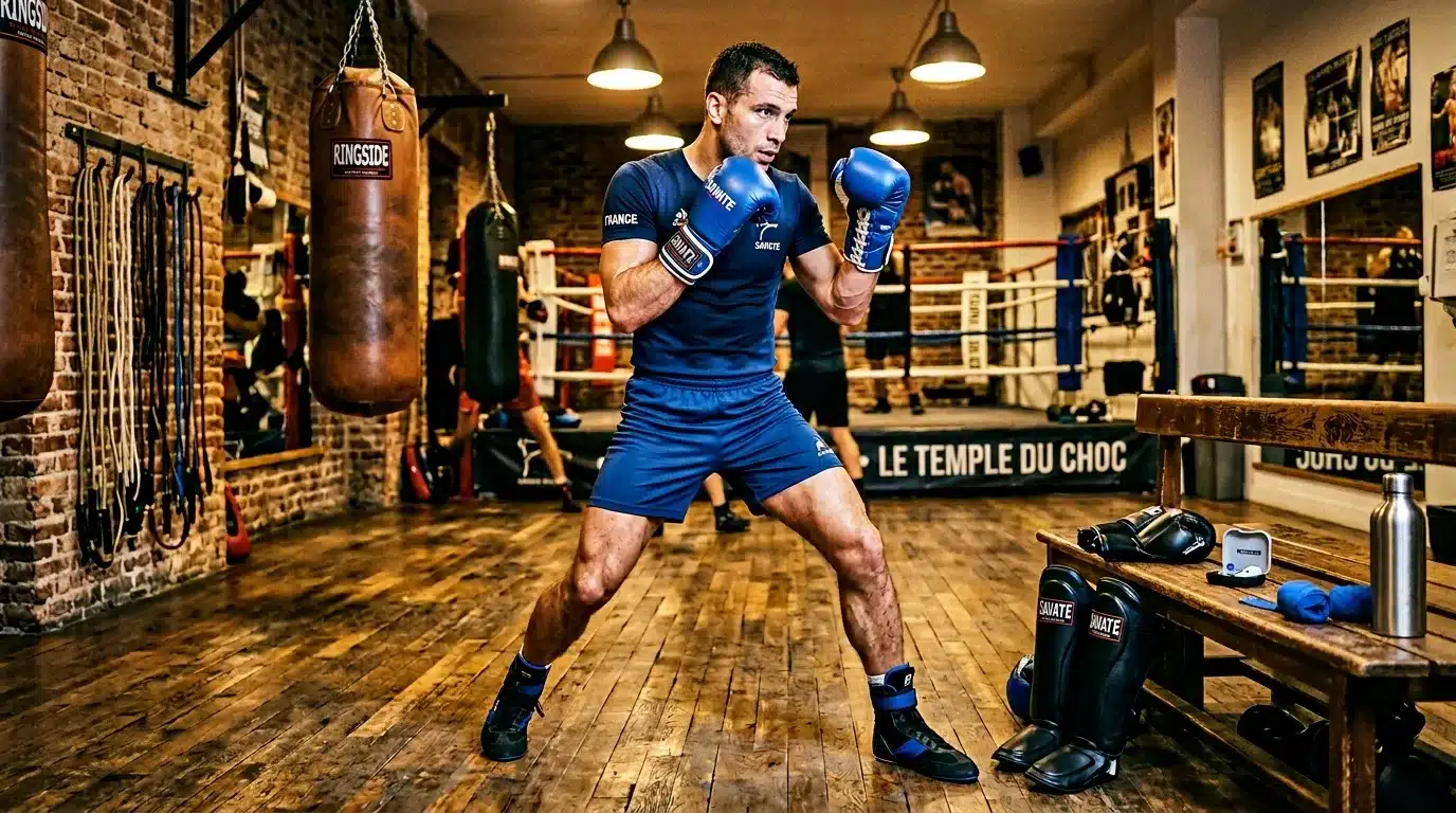 Boxeur en tenue bleue s'entraรฎne dans une salle de boxe