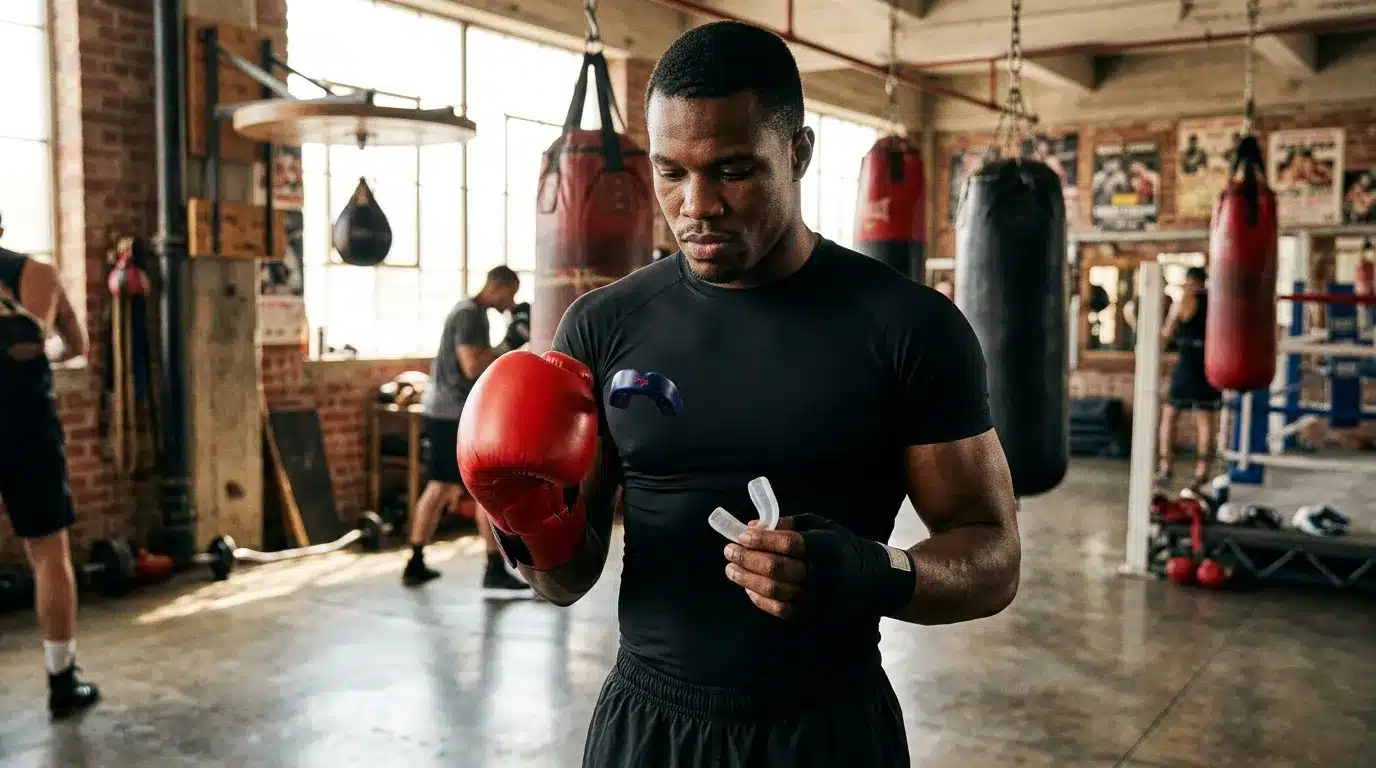 Boxeur en gants rouges s'entraînant dans une salle de sport