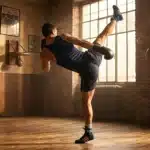 Boxeur exécute un coup de pied dans un ancien gymnase